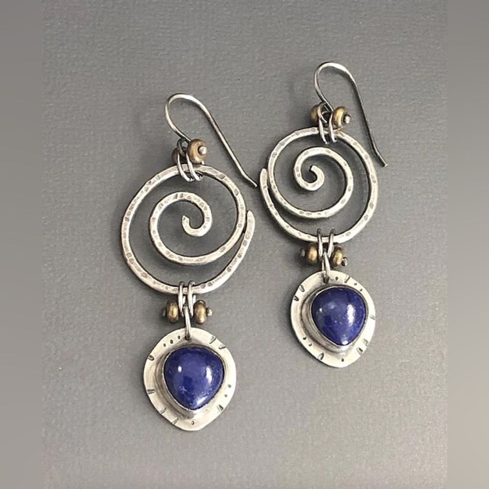 Anthropologie Silver Spiral Drop Earrings with Deep Blue Stones